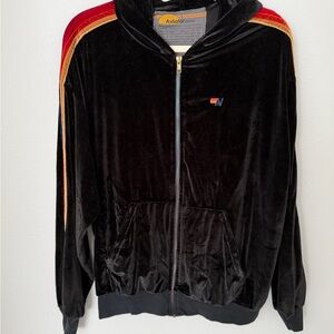 Aviator Nation Black Velvet Zip Hoodie with Rainbow Sleeve Stripes